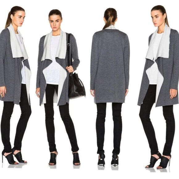 Vince GREY MERINO WOOL BLEND TWO TONE DRAPE OPEN CARDIGAN SWEATER COAT M 6-8 - Picture 1 of 13